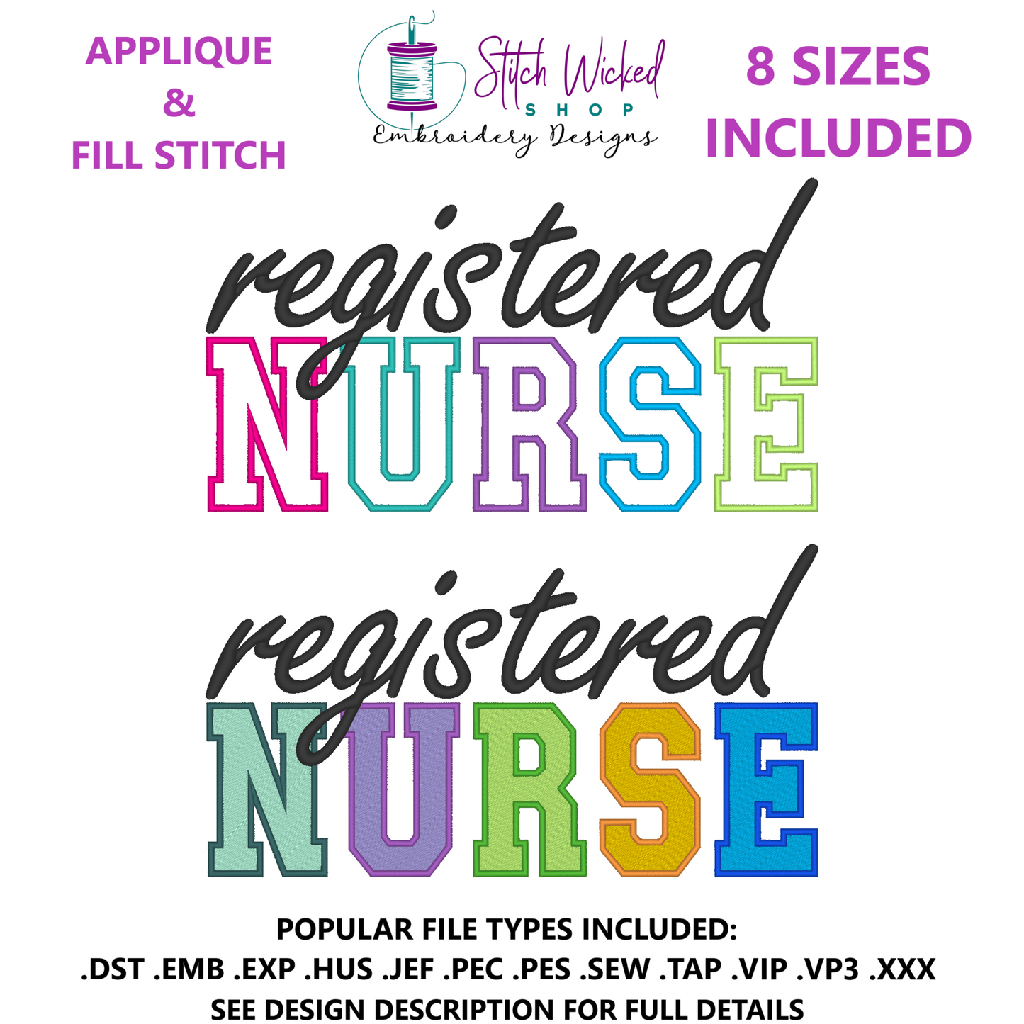 Registered Nurse Embroidery Design Bundle, Applique And Fill Stitch Varsity Letters, 2 Designs, 8 Sizes
