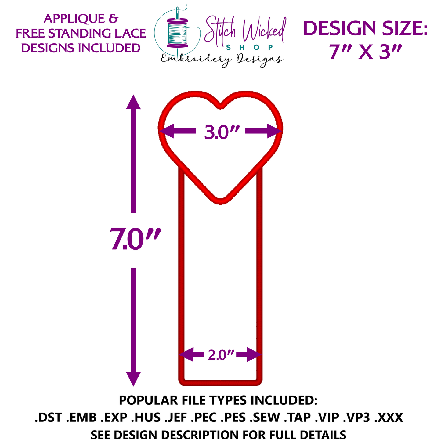 Heart Bookmark Embroidery Design, Free Standing Lace And Applique Designs Included