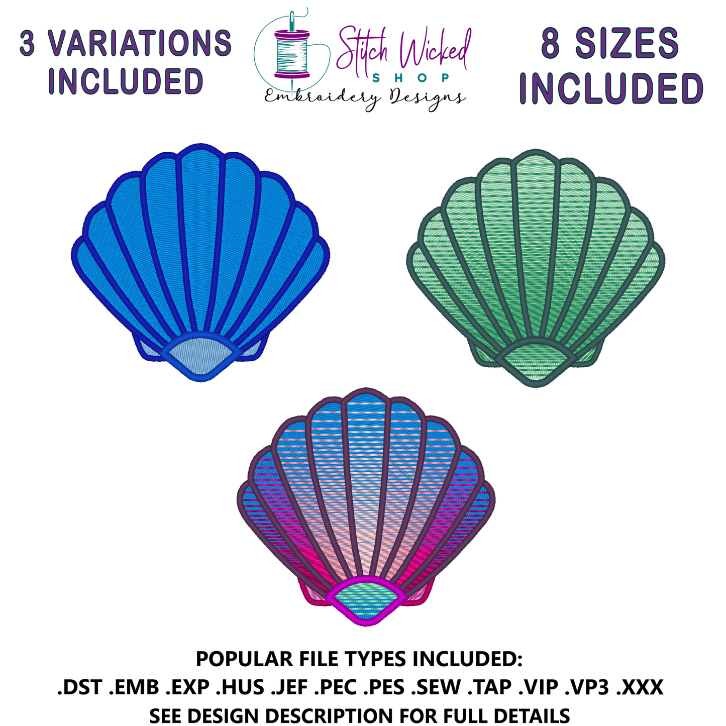 Sea Shell Embroidery Design, 3 Versions and 8 Sizes Included