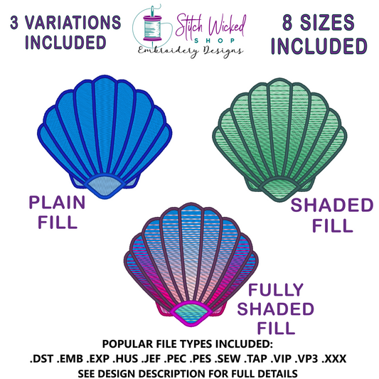 Sea Shell Embroidery Design, 3 Versions and 8 Sizes Included
