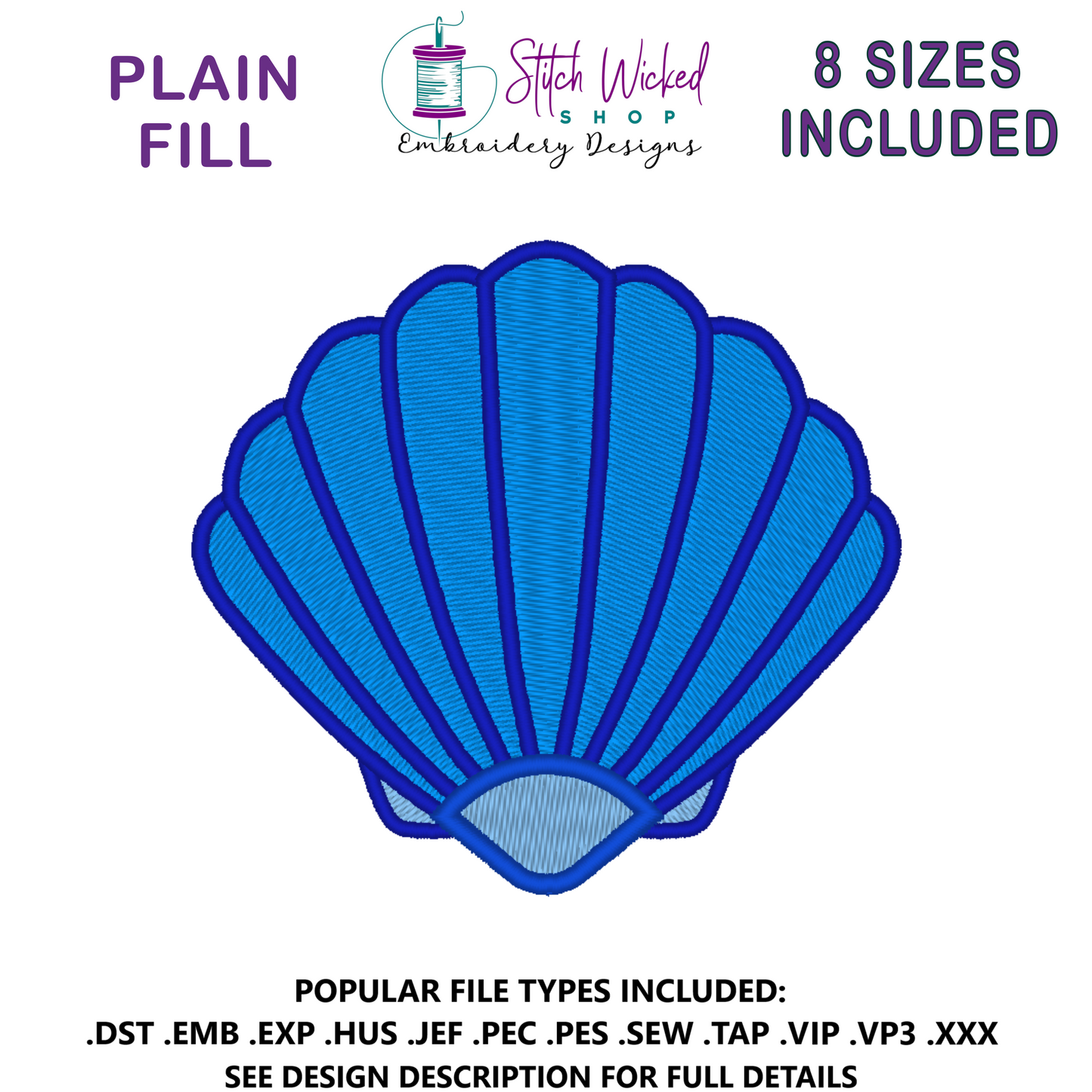 Sea Shell Embroidery Design, 3 Versions and 8 Sizes Included