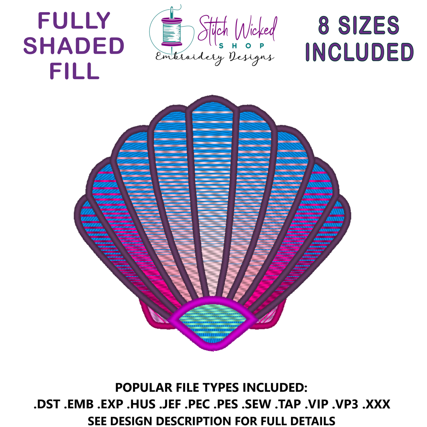 Sea Shell Embroidery Design, 3 Versions and 8 Sizes Included