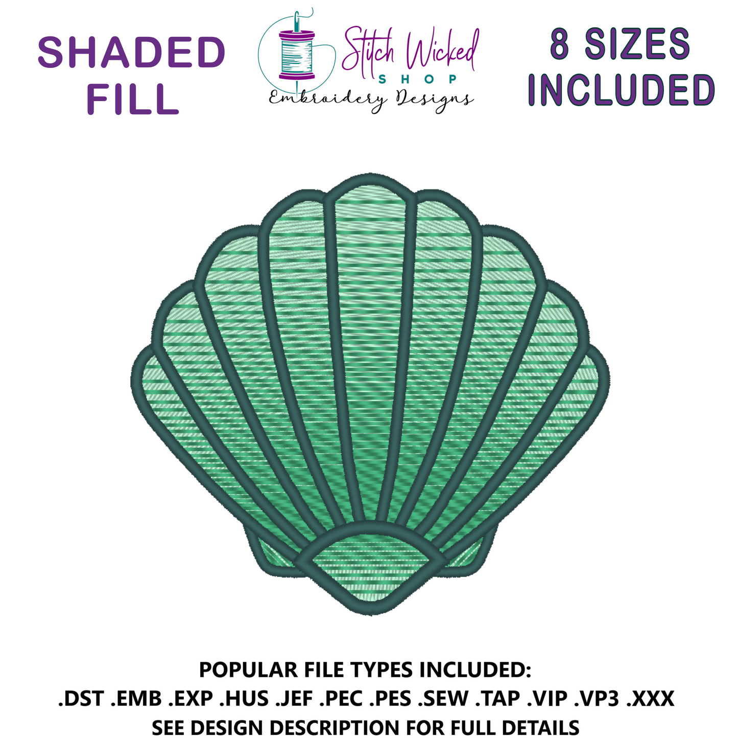 Sea Shell Embroidery Design, 3 Versions and 8 Sizes Included