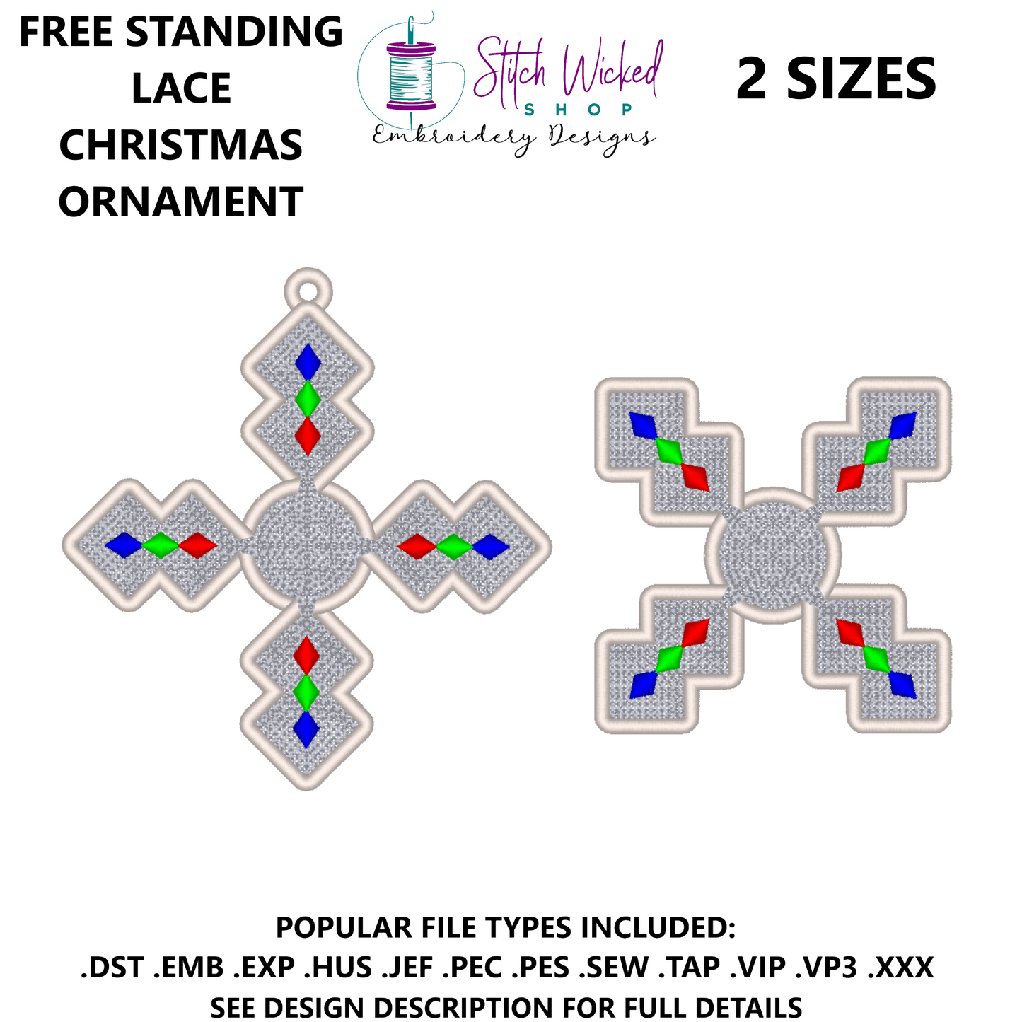 Free Standing Lace Snowflake Interlocking Ornament Embroidery Design, Diamond Snowflake