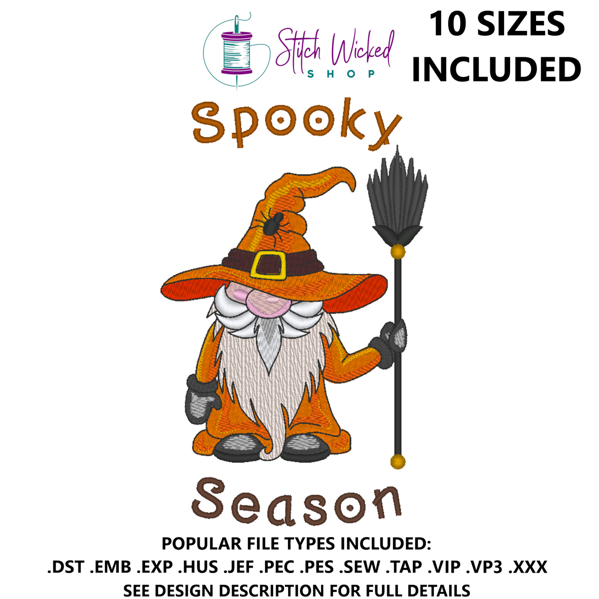 Halloween Gnome Machine Embroidery Design, Spooky Season Gnome - Stitch Wicked Shop