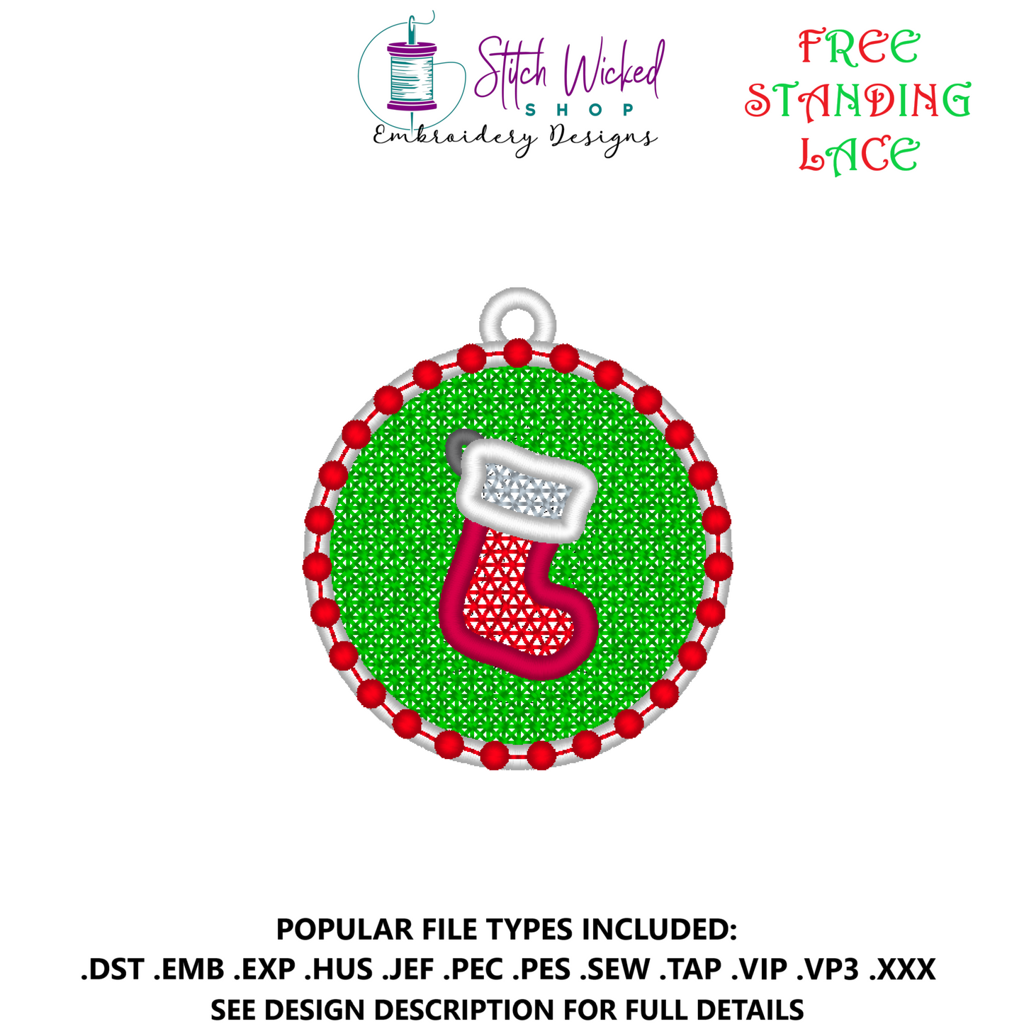Free Standing Lace Circle Ornament Machine Embroidery Design, Christmas Stocking