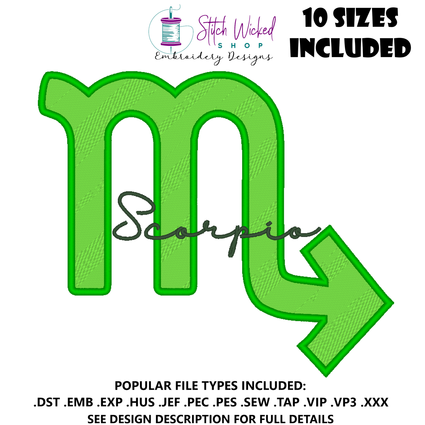 Scorpio Zodiac Embroidery Design, Astrology Script Design