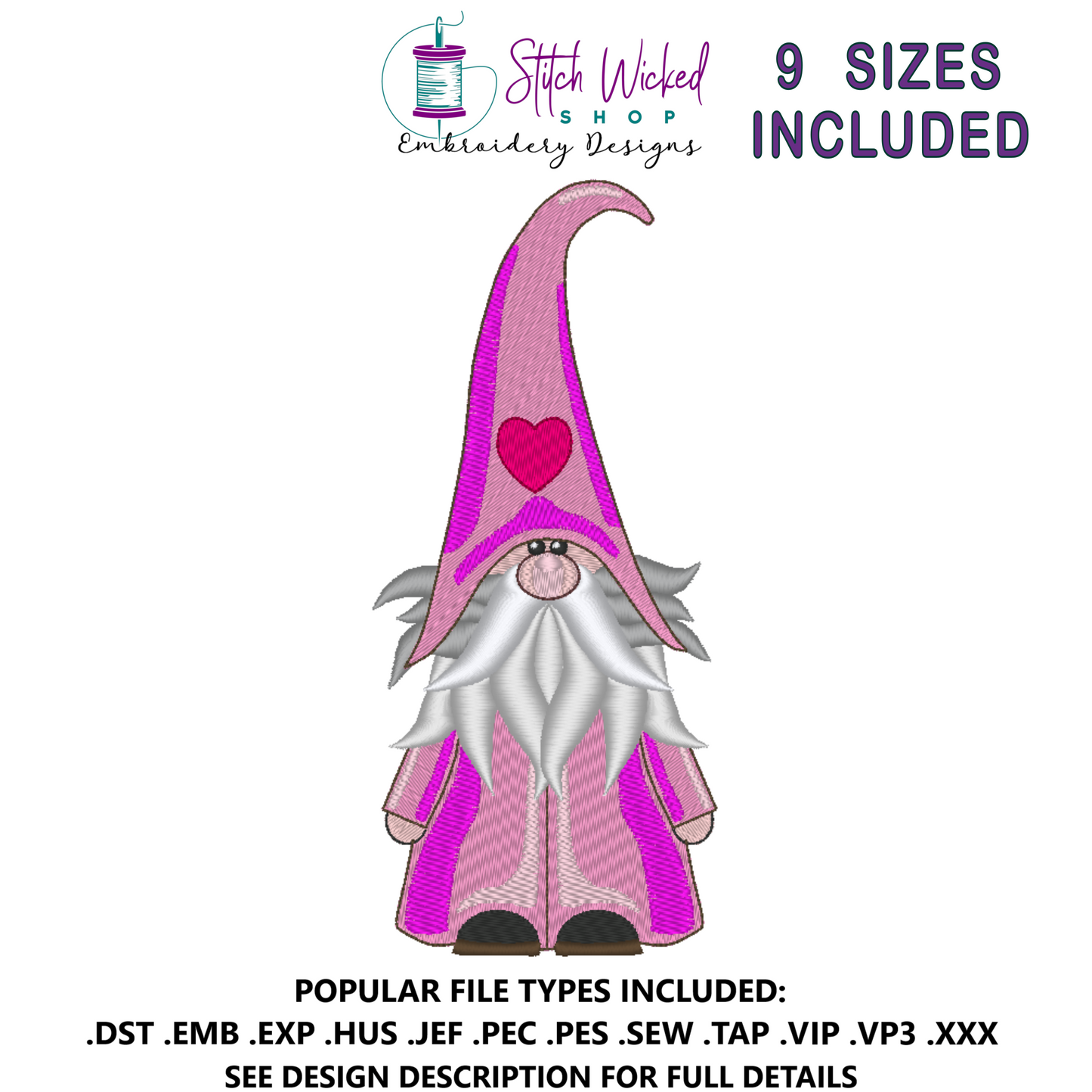 Gnome Machine Embroidery Design, Heart Hat