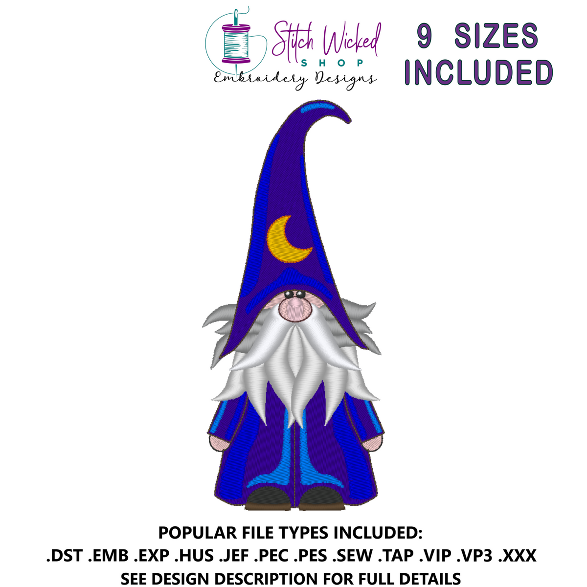 Gnome Machine Embroidery Design, Moon Hat