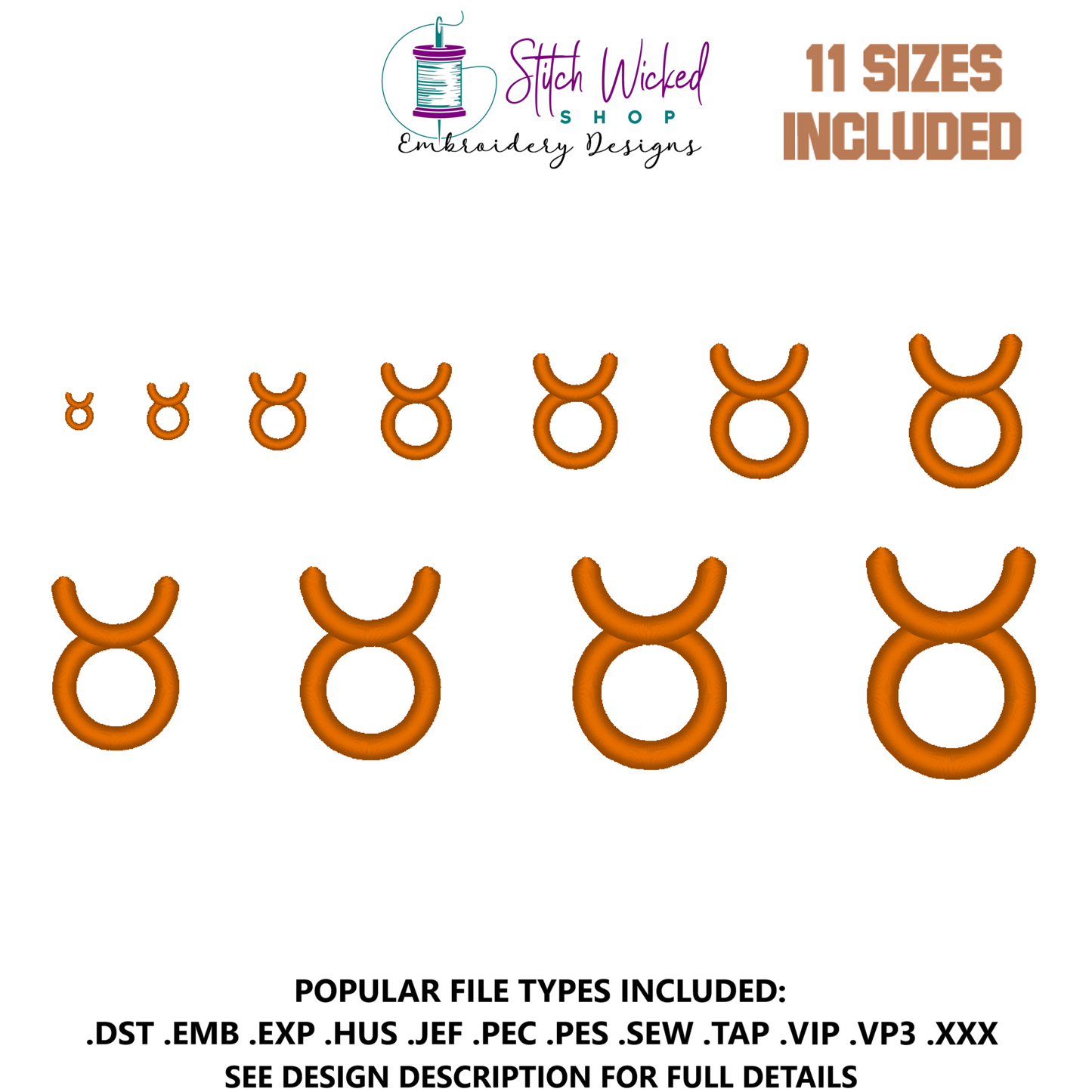 Taurus Mini Satin Stitch Zodiac Symbol Embroidery Design