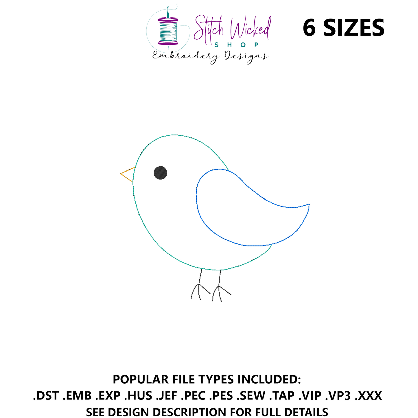 Bird Machine Embroidery Design, Simple Triple Stitch