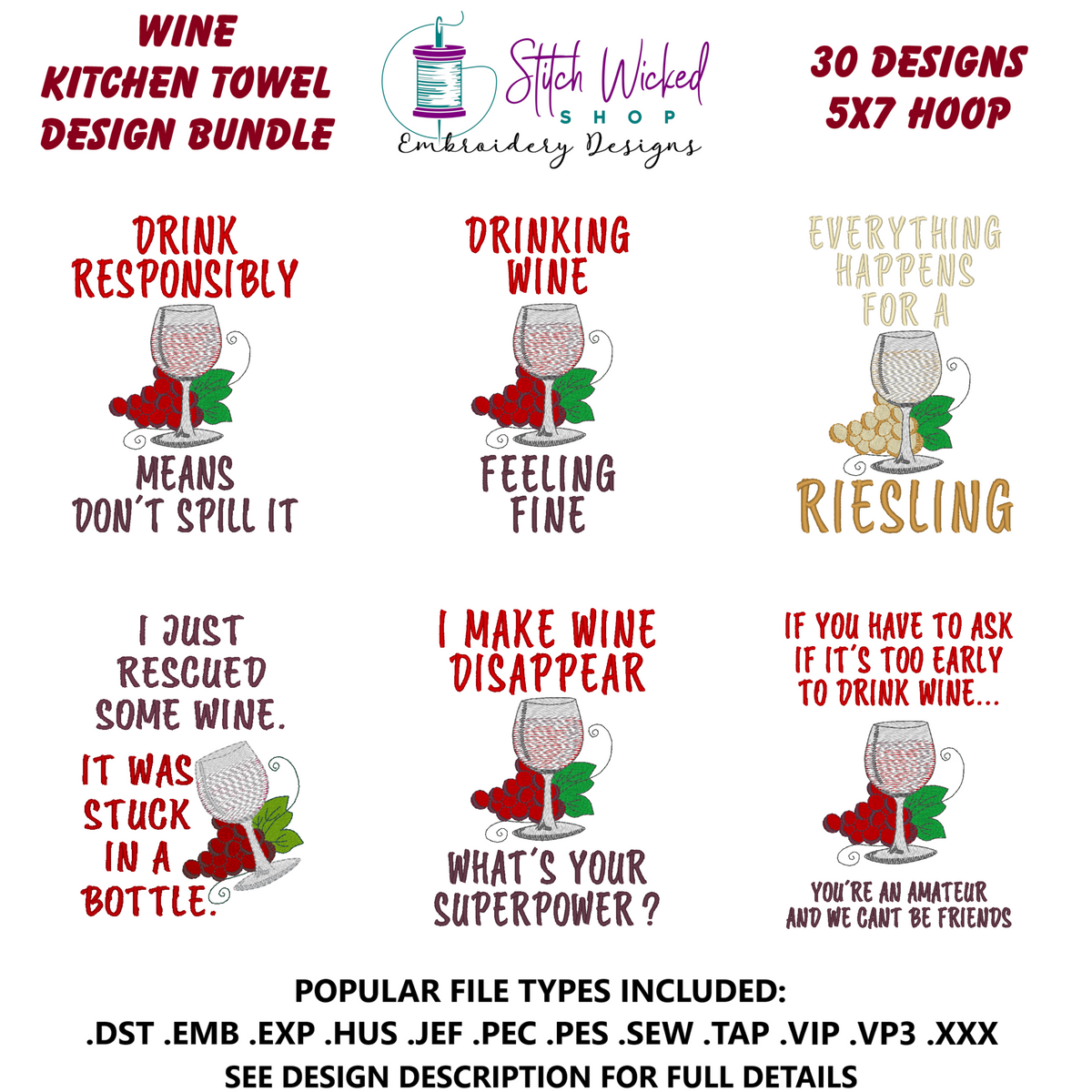 Wine Sayings Kitchen Towel Embroidery Design Bundle, Funny Kitchen Towel Designs, 30 Designs For 5 X 7 Hoop