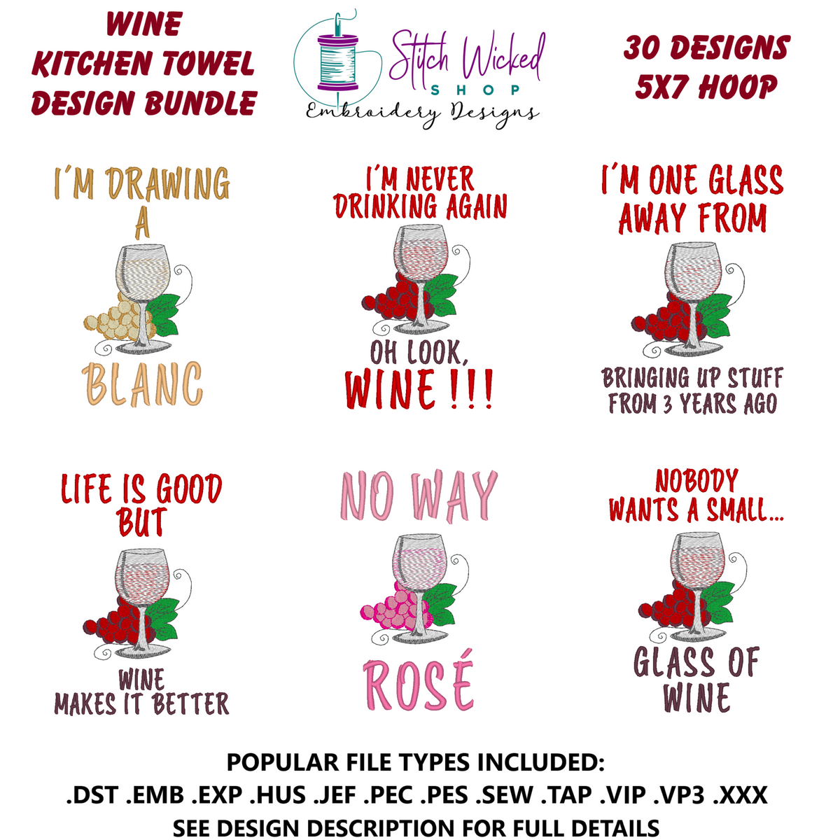 Wine Sayings Kitchen Towel Embroidery Design Bundle, Funny Kitchen Towel Designs, 30 Designs For 5 X 7 Hoop