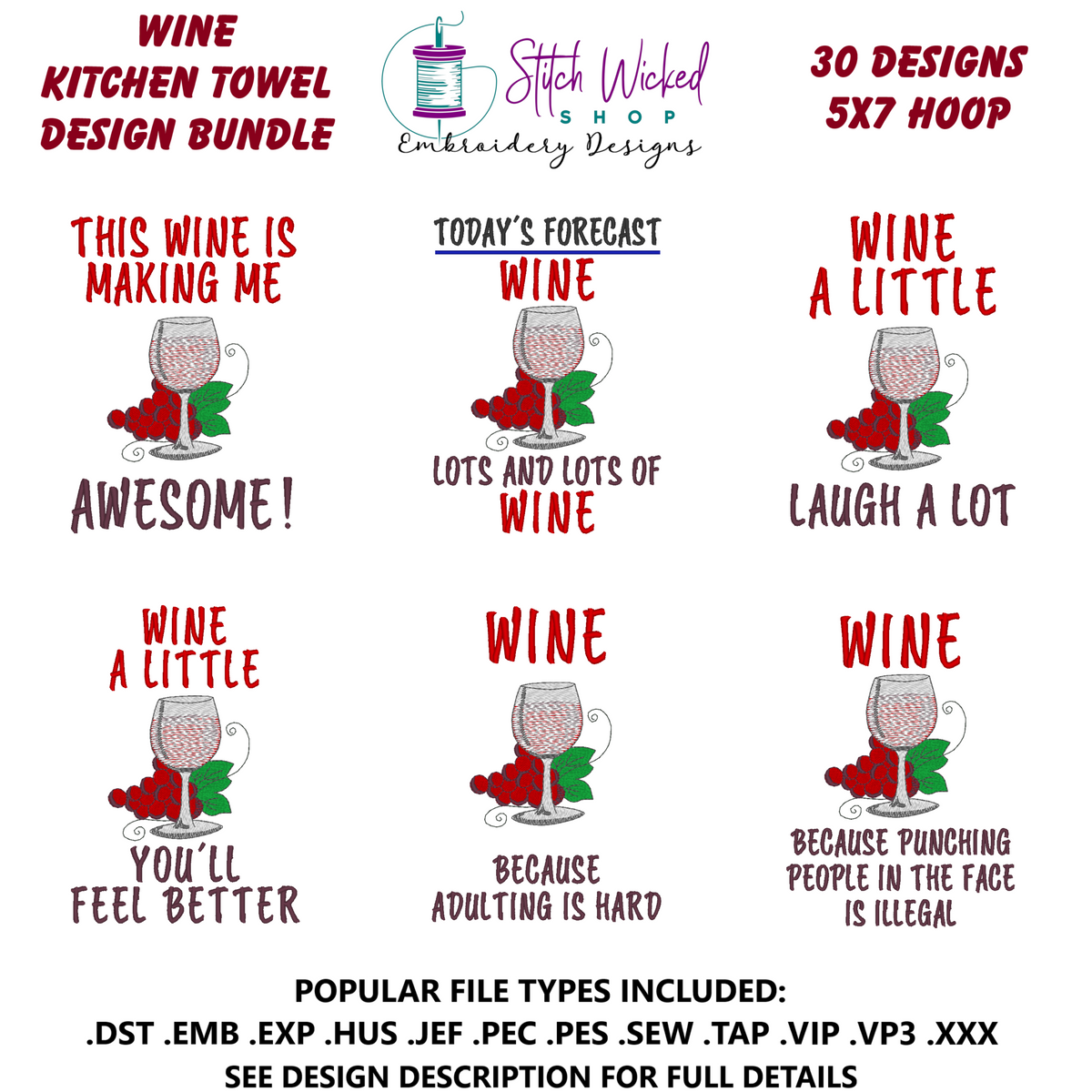 Wine Sayings Kitchen Towel Embroidery Design Bundle, Funny Kitchen Towel Designs, 30 Designs For 5 X 7 Hoop