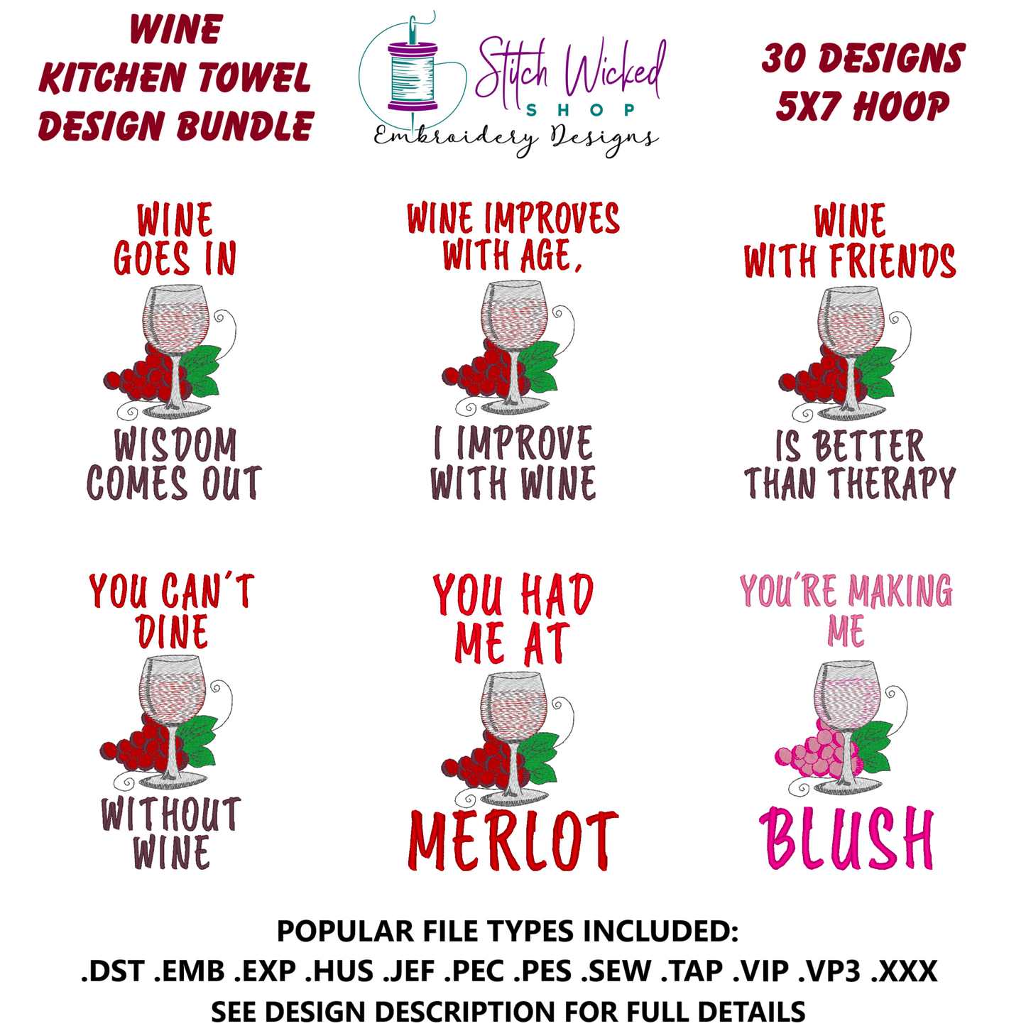 Wine Sayings Kitchen Towel Embroidery Design Bundle, Funny Kitchen Towel Designs, 30 Designs For 5 X 7 Hoop