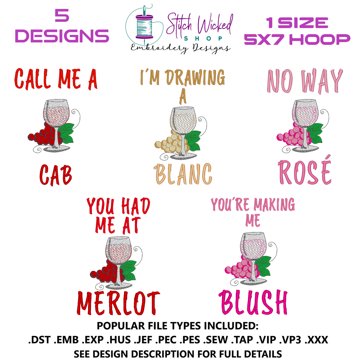 Wine Names Kitchen Towel Embroidery Design Bundle, Funny Kitchen Towel Embroidery Design, 5 X 7 Hoop