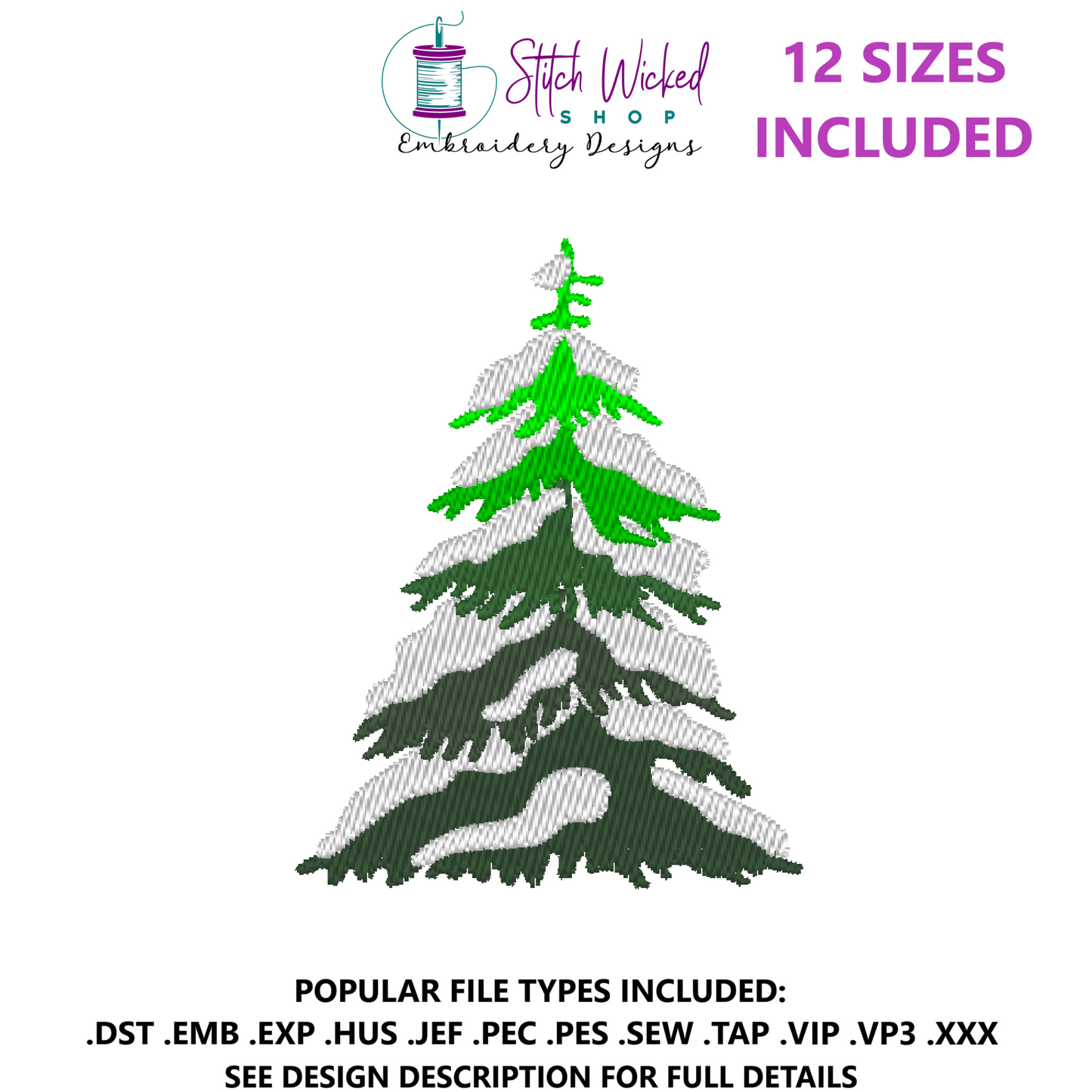 Snowy Winter Fir Tree Embroidery Design, 12 Sizes Included