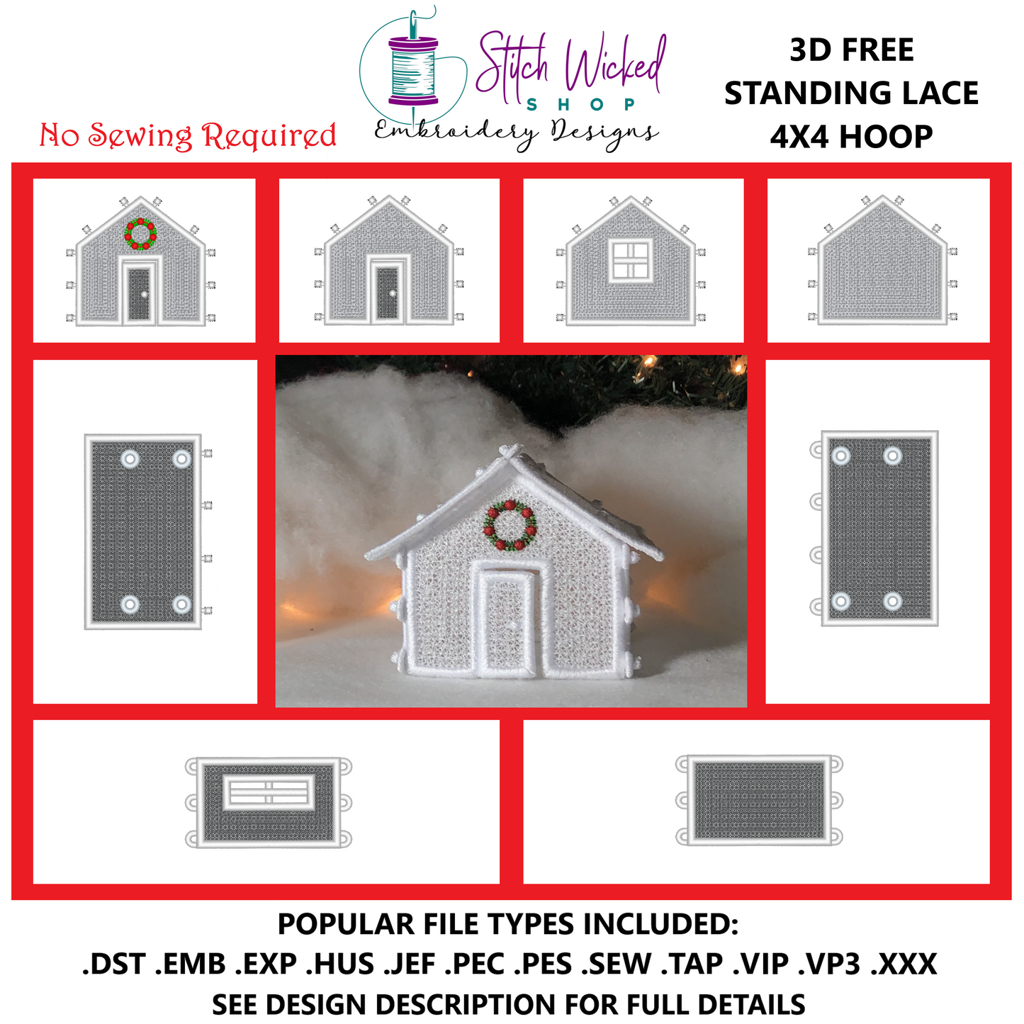 Free Standing Lace 3D Winter Village House Machine Embroidery Designs, 4X4 Christmas Village Cottage