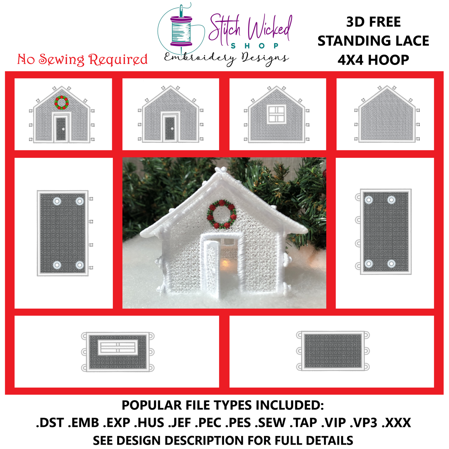 Free Standing Lace 3D Winter Village House Machine Embroidery Designs, 4X4 Christmas Village Cottage