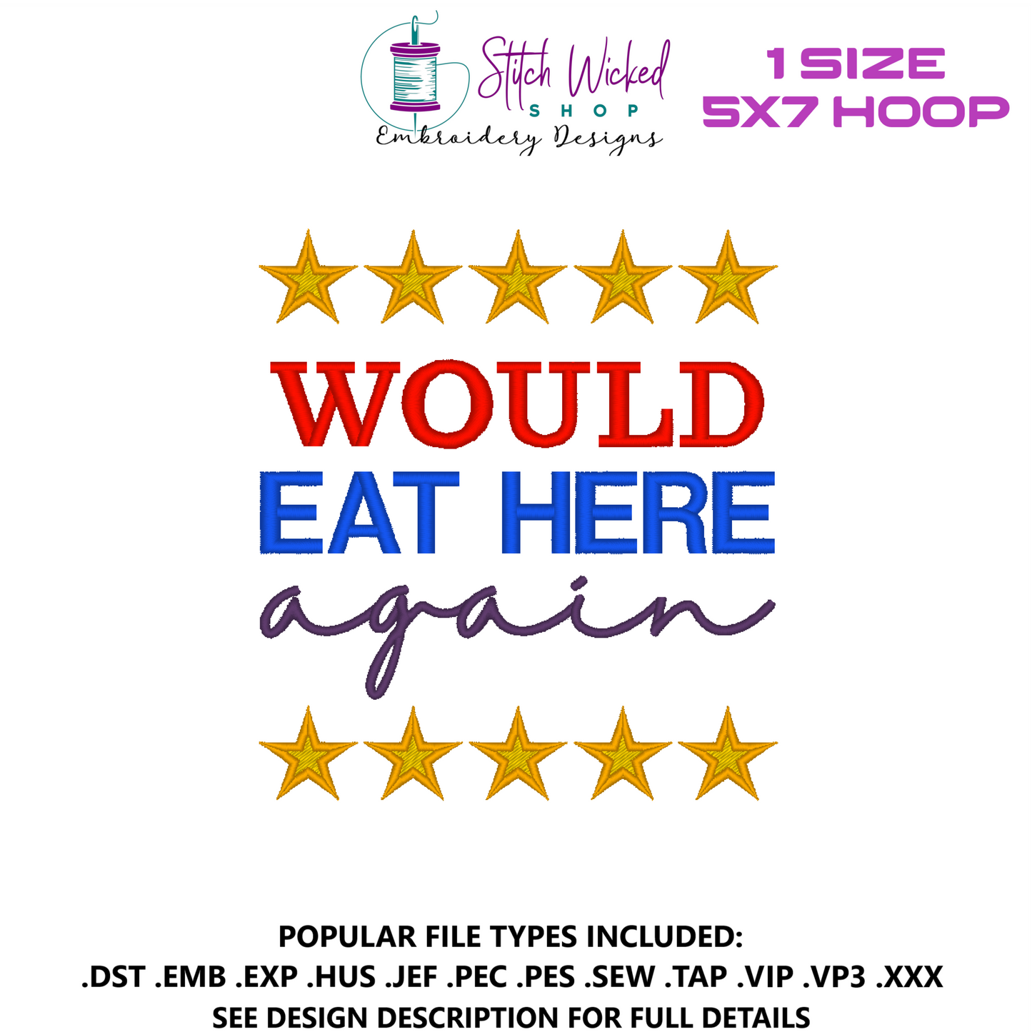 Would Eat Here Again Kitchen Towel Design, Funny Tea Towel Embroidery File, 5 X 7 Hoop