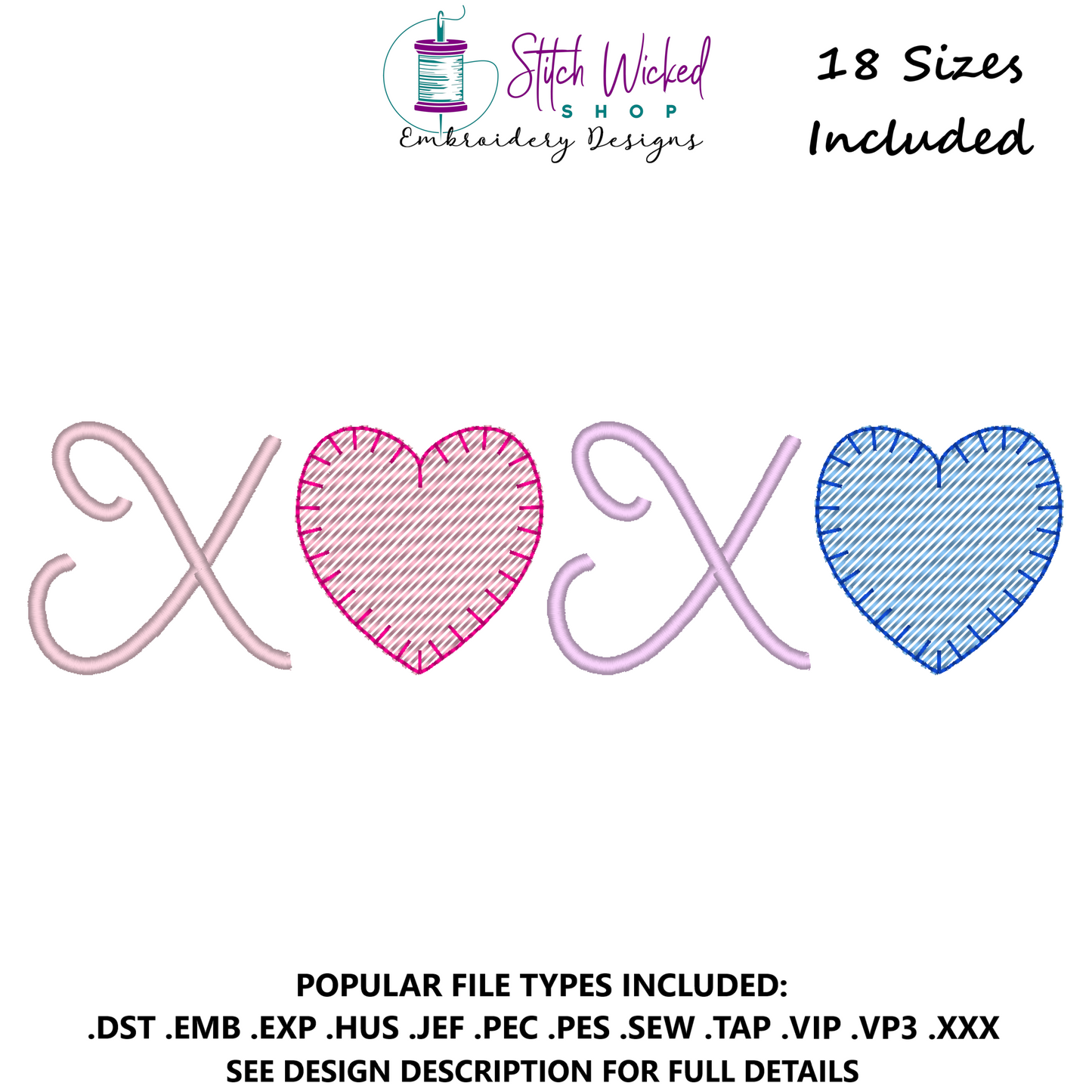 XOXO Script Sketch Hearts Machine Embroidery Design