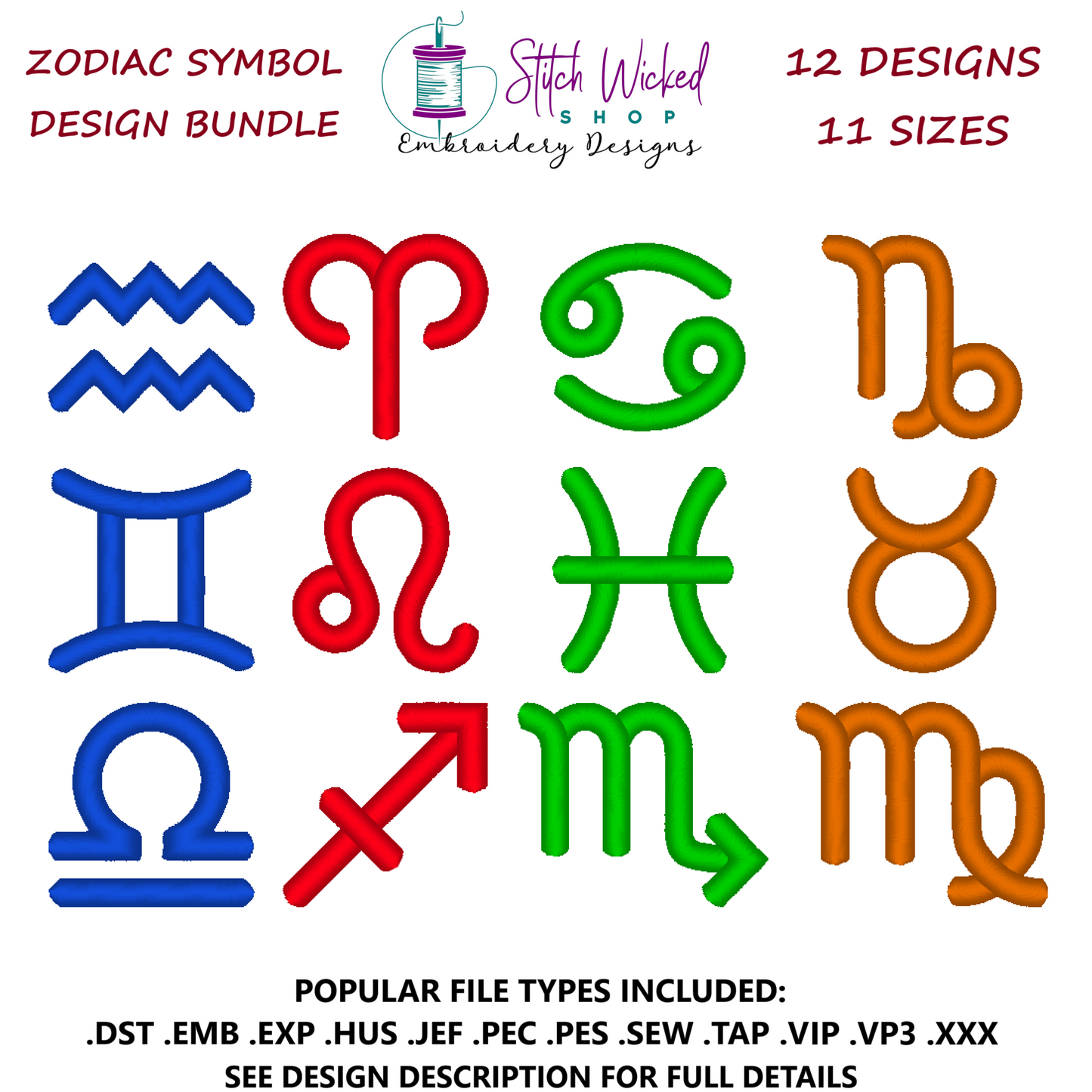 Zodiac Mini Satin Stitch Symbol Embroidery Design Bundle