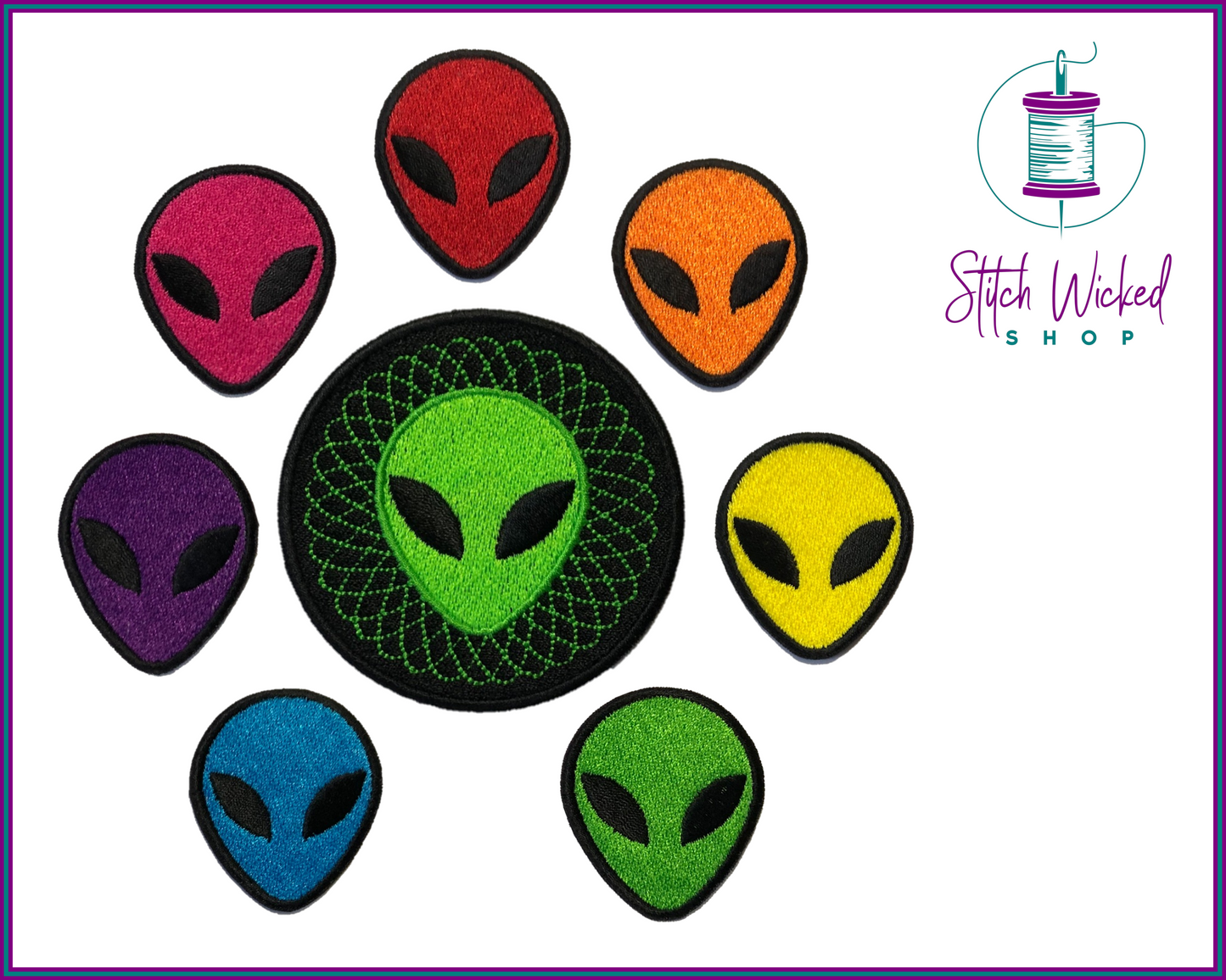 Alien Head Patch, Alien Head Rainbow, Patch Set, Outer Space Patch, Embroidered Patches, Martian, Roswell, Custom Colors, Set of 8 Patches