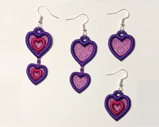 Free Standing Lace Earrings Embroidery Design, FSL Double Hearts Earrings