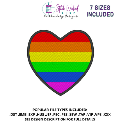 Rainbow Pride Flag Heart Embroidery Design, Heart Pride Flag Patch, 7 Sizes Included