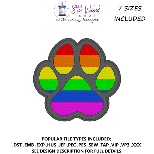 Rainbow Pride Flag Puppy Dog Paw Print Machine Embroidery Design
