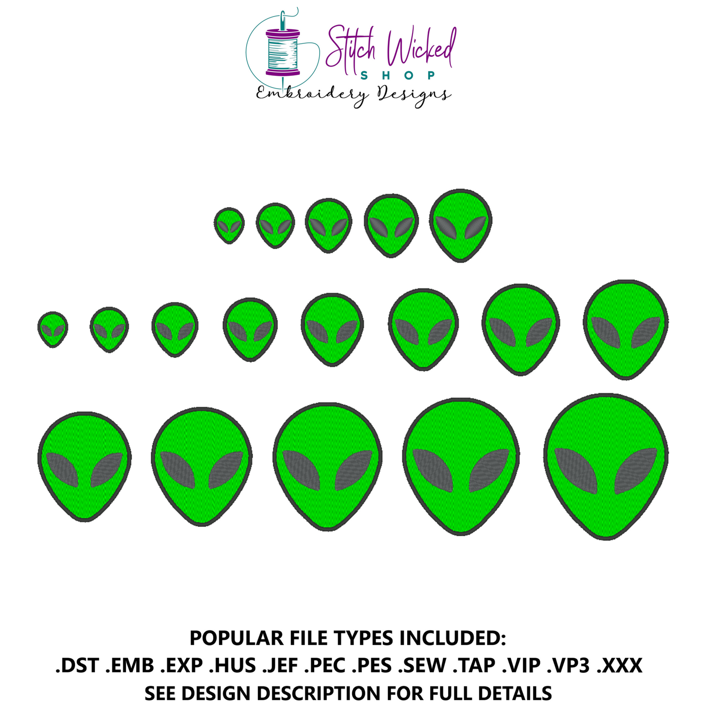 Alien Head Embroidery Design, Mini Alien Head Embroidery Design