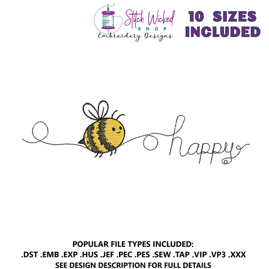 Bee Happy Embroidery Design, 10 Sizes Included