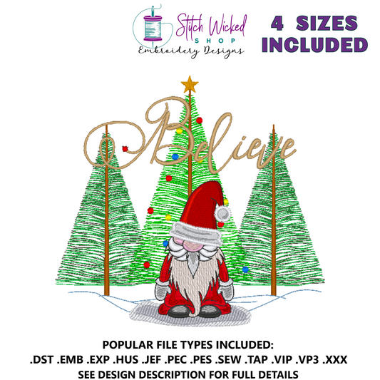 Believe Santa Gnome Machine Embroidery Design