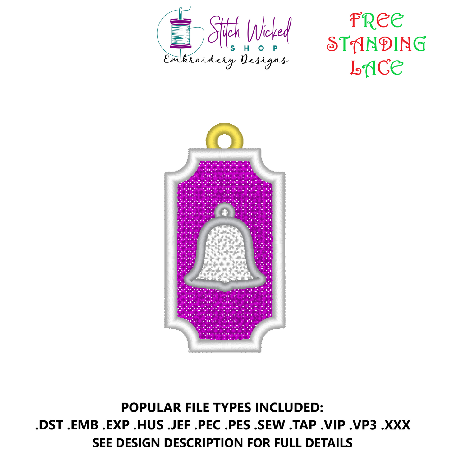 Free Standing Lace Bell Christmas Gift Tag Ornament Machine Embroidery Design