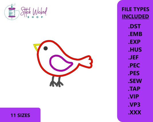 Applique Bird Machine Embroidery Design, Country Bird Applique, 11 Sizes Included