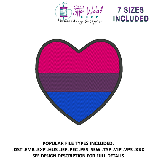 Bisexual Pride Flag Heart Embroidery Design, Heart Pride Flag Patch, 7 Sizes Included