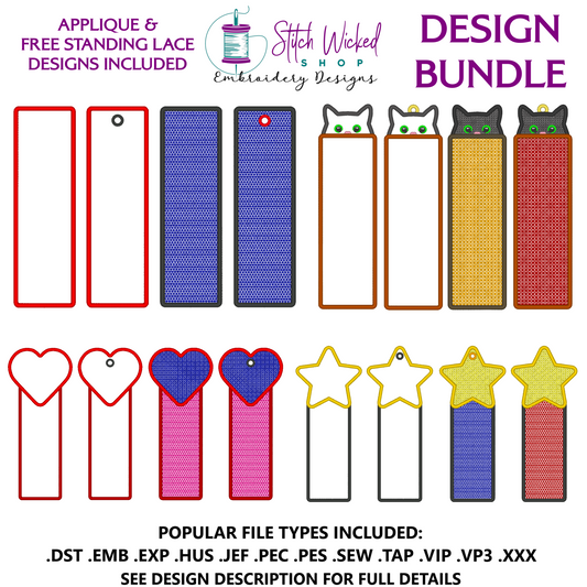 Bookmark Embroidery Design Bundle, Applique and Free Standing Lace Designs Included