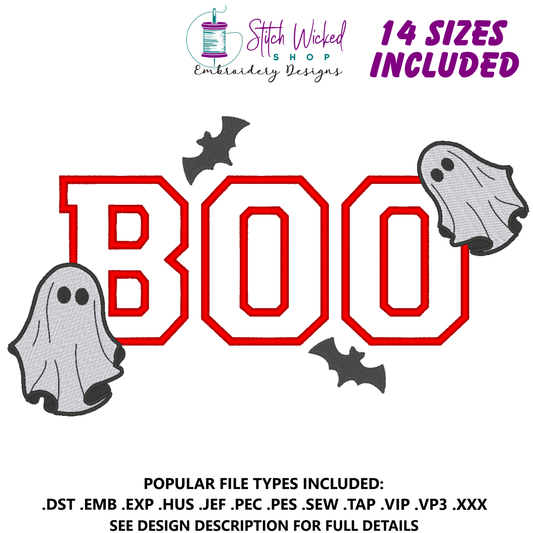 Boo Applique Halloween Embroidery Design With Ghosts And Bats
