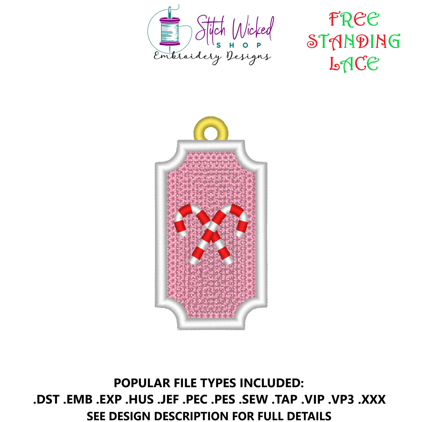 Free Standing Lace Candy Canes Christmas Gift Tag Ornament Machine Embroidery Design