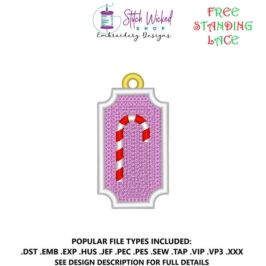 Free Standing Lace Christmas Gift Tag Ornament Embroidery Design, Candy Cane Decoration