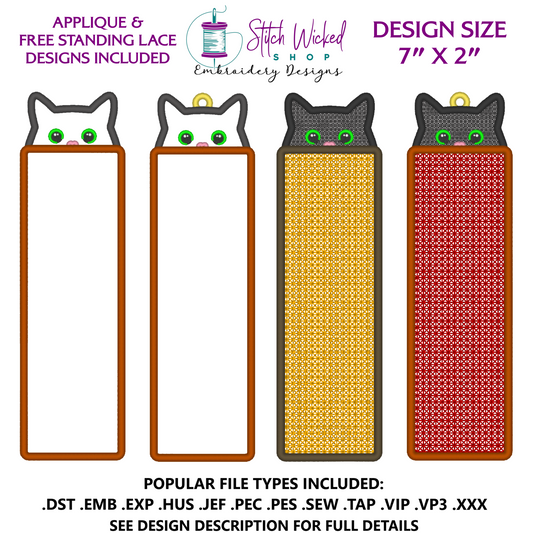 Cat Bookmark Embroidery Design, Free Standing Lace And Applique Designs Included