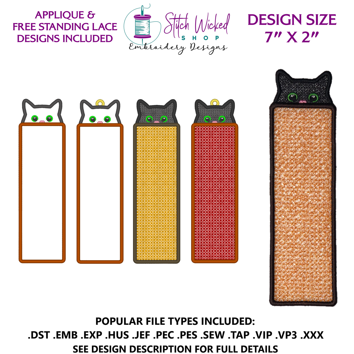 Cat Bookmark Embroidery Design, Free Standing Lace And Applique Designs Included