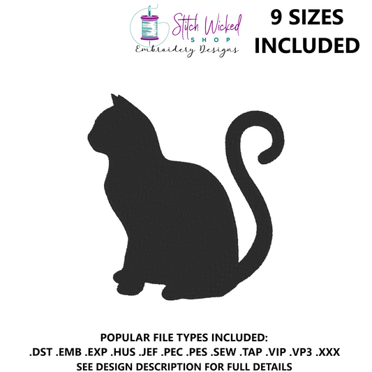Black Cat Embroidery Design, Cat Sitting Silhouette