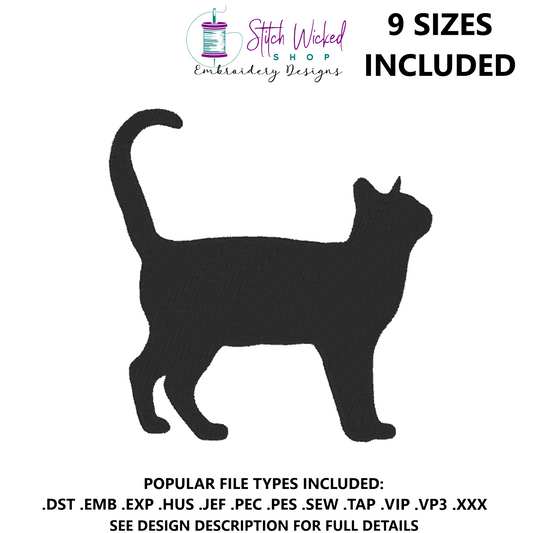 Black Cat Embroidery Design, Cat Standing Silhouette