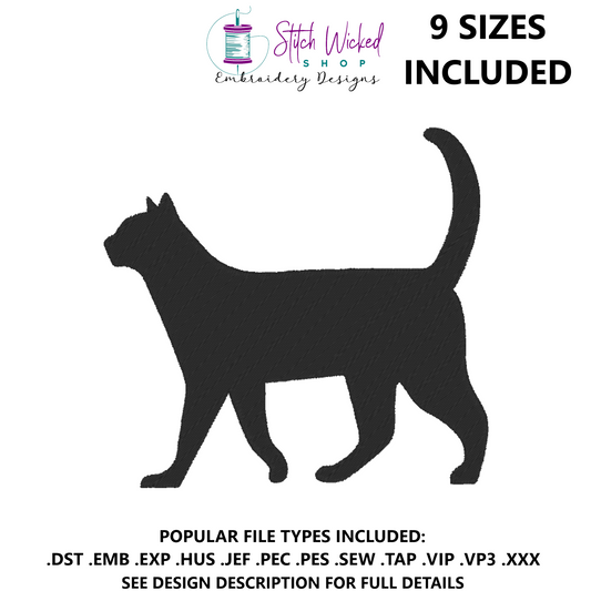 Black Cat Embroidery Design, Cat Walking Silhouette