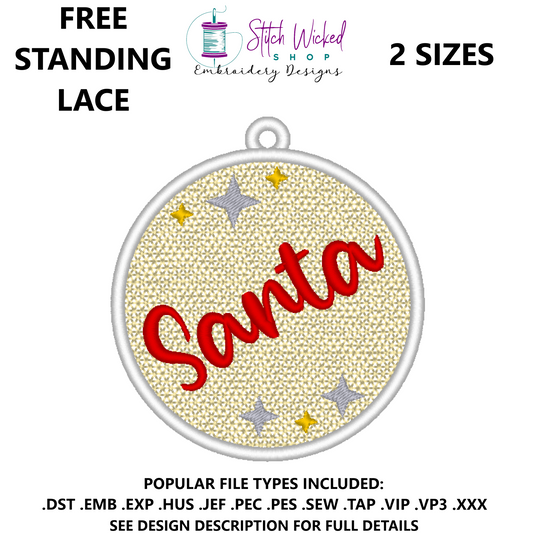 Free Standing Lace Christmas Ball Ornament Machine Embroidery Design, FSL Santa Decoration