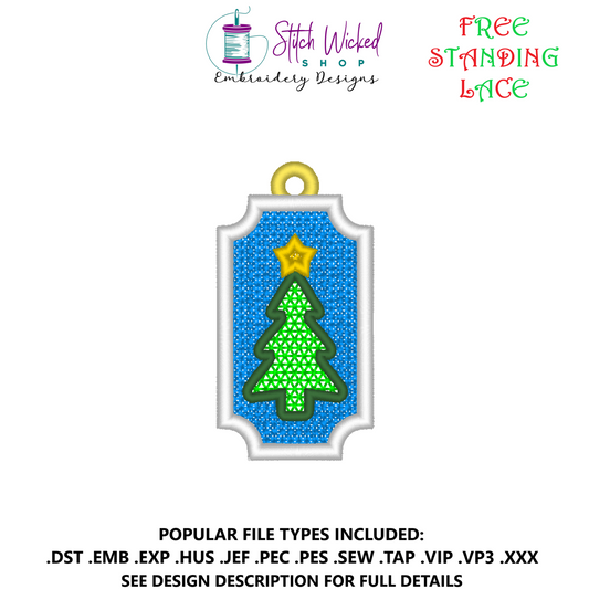Free Standing Lace Christmas Gift Tag Ornament Embroidery Design, Tree With Star Decoration