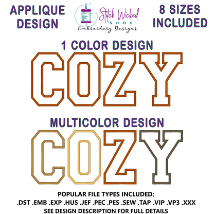 Cozy Embroidery Design Bundle, Fill stitch And Applique Design Included, 8 Sizes Included