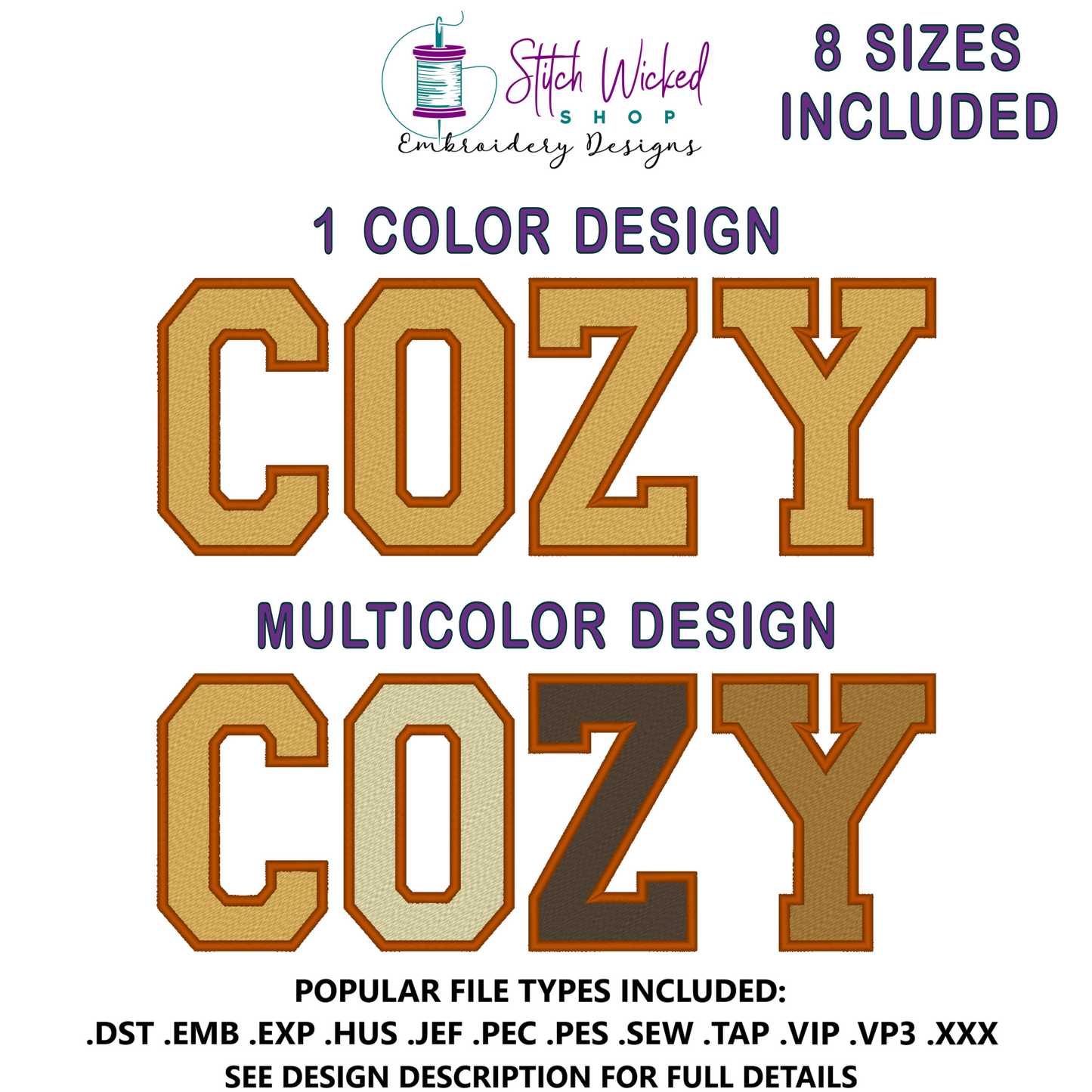 Cozy Embroidery Design Bundle, Fill stitch And Applique Design Included, 8 Sizes Included