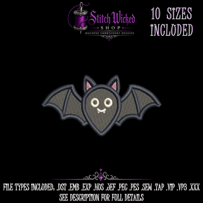 Cute Black Bat Halloween Embroidery Design, 10 Sizes